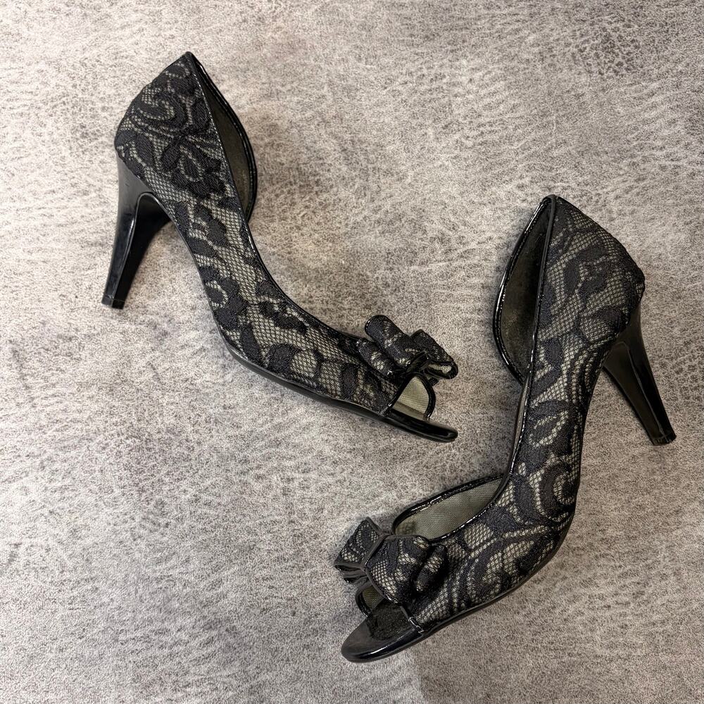 Black Lace Bow Peep Toe Heels